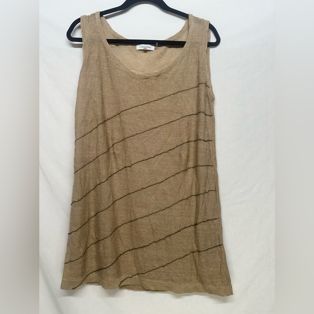 Calvin Klein 55% Linen‎ sleeveless top Tan with brown stripes size 0X